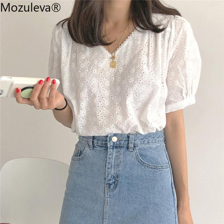 

Mozuleva Women Summer Blouses Shirts Casual Lantern Sleeve Vintage Lace Up Loose Hollow Out Embroidery Tops T Shirts 100% Cotton, White