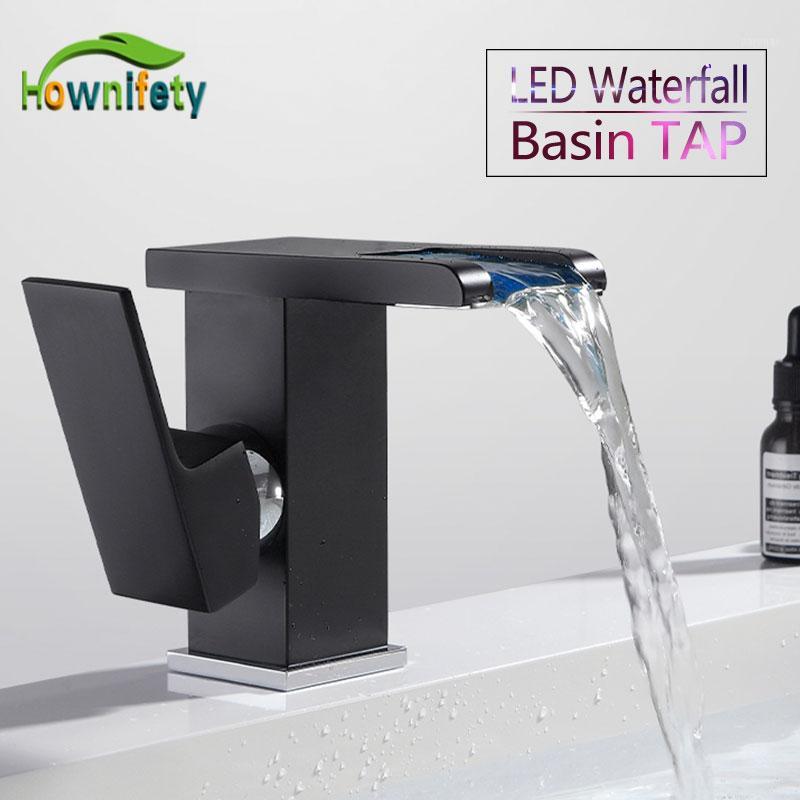 

LED Waterfall Black Basin Faucet Bath Vanity Sink Tap Hot Cold Waitch Tap Single Handle Modern type Water with different color1