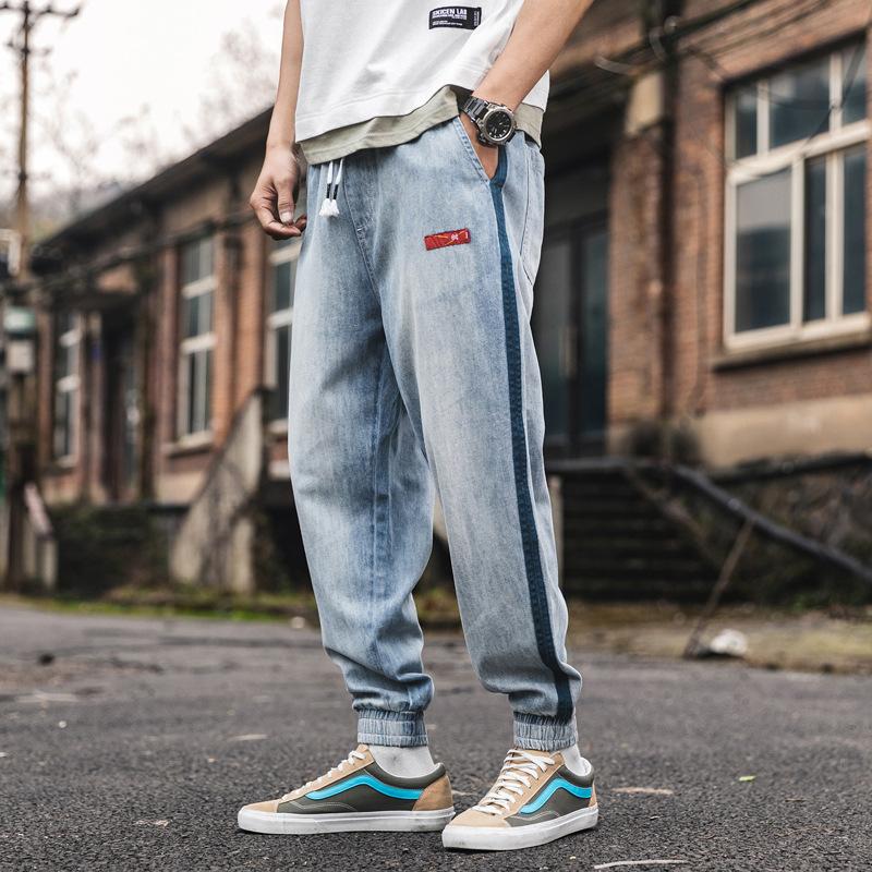 

Vintage Japanese Men Style Jeans Loose Fit Stripe Spliced Designer Harem Pants Fashion Streetwear Slack Bottom Joggers Jeans Men, Light blue