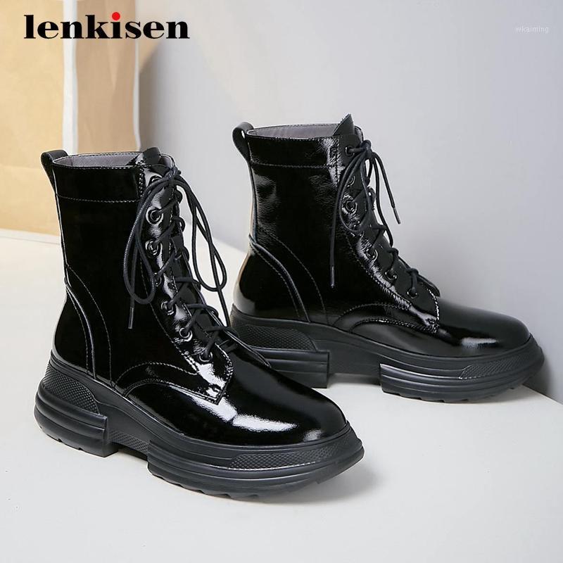 

Lenkisen leisure short boots genuine leather cross-tied recommend round toe thick high heel lace up daily wear ankle boots L611, Black 1