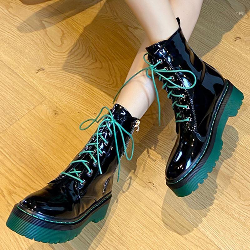

SaraIris Female Fashion Punk Motocycle Boots Zipper Lace Up Sewing Platform Chunky Heel Boots Women Winter Shoes Woman1, Green