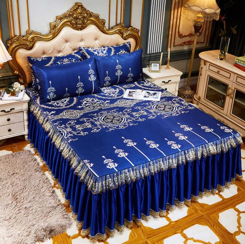 

Smooth Silk Textile Bed Sheet High-end Household Bedding Large Size Lace Mattress Bed Cover Bedspread With case F0228, 12