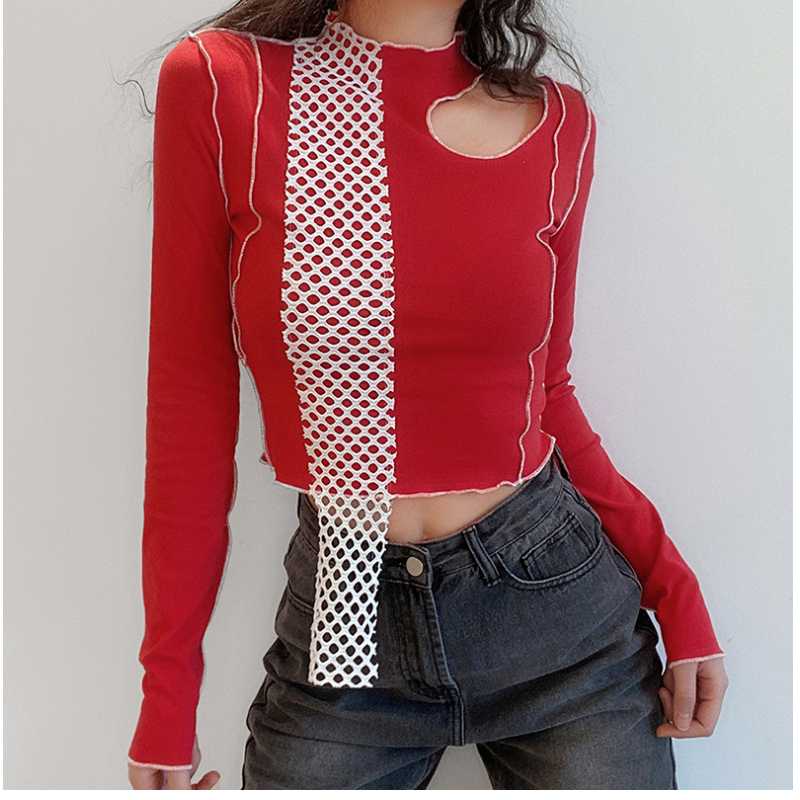 

Women' red festive color contrast Yoga long sleeve T-shirt outdoor tight breathable running sportswear hollow mesh fitness top