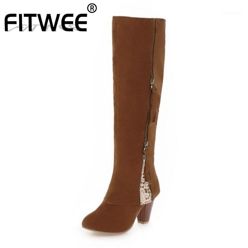 

FITWEE 5 Color Knee High Boots Women Big Size 34-44 Winter Warm Fur Casual High Heels Lace Embroidery Zipper Shoes Women1, Gray