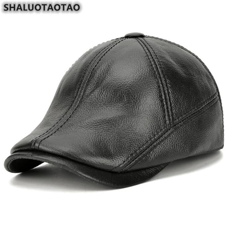 

Berets SHALUOTAOTAO Genuine Leather Hat Winter Fashion Cowhide Thermal Thicken Ear Protection Adjustable Size Snapback Cap Men's, Black