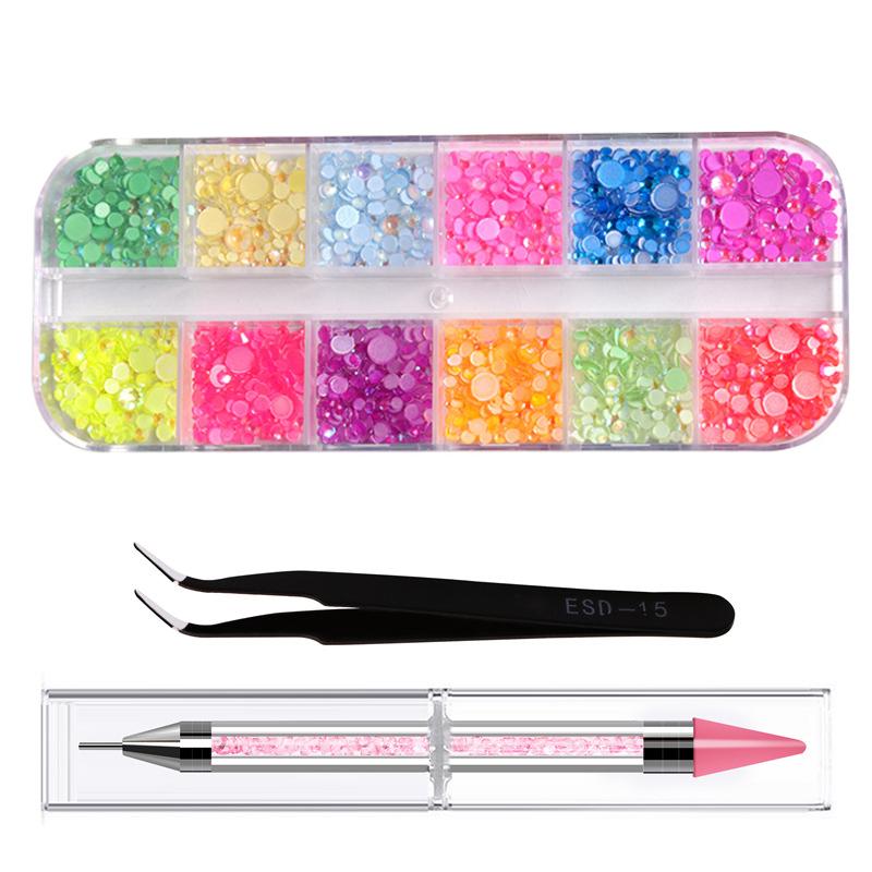 

PrettyG 12 Grid Boxes Mix Sizes Crystal Glitter +Tweezer + Dotting Pen Set DIY Glass AB Rhinestone Nail Art Clothes Decorations
