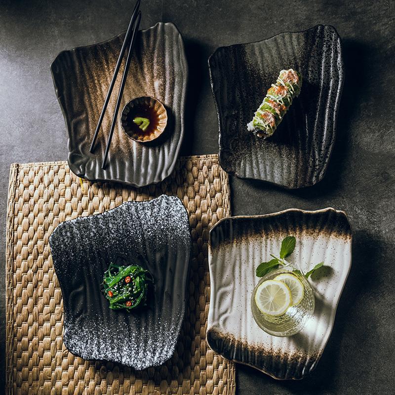 

1PCS 10-inch creative ceramic sushi plate Japanese-style irregular flat plate Black breakfast Home-cooked dish snack