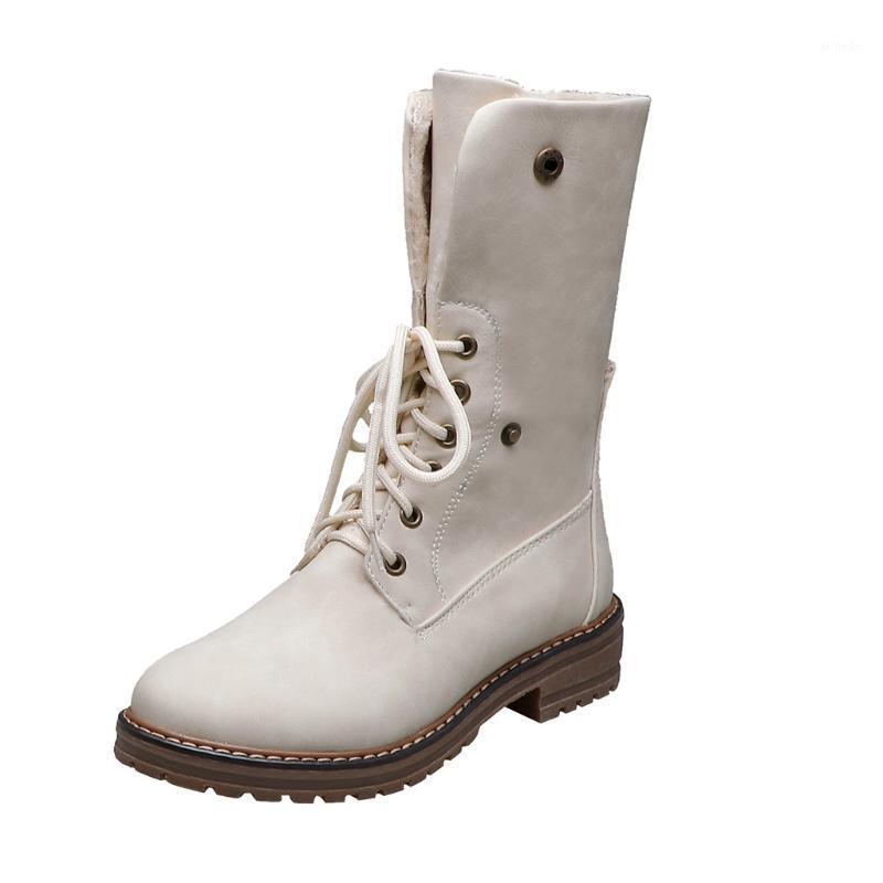 

Rubber Women Vintage Flock Boots Pure Color Round Toe Lace-Up Boots Square Heels Large size 35-43 shoes bottes femme1, Beige