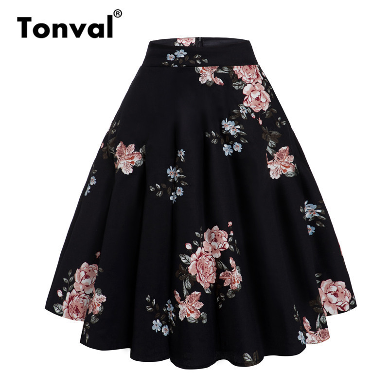 

Tonval Peony Floral Vintage A Line Black Flare Swing Skirts Womens Summer Plus Size Cotton 50S Retro Skater Skirt Y200326, Normal size