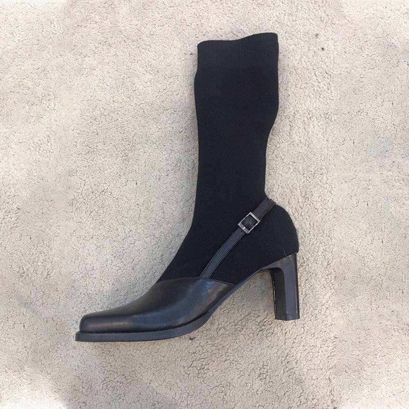 

Square Toe Knitted Sock Boots Slim Fit Autumn Fashion Girl's Black Leather Ankle Boots Formal Women's Winter Party Shoes1
