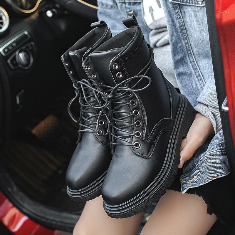

2021 Women Autumn Winter White Black PU Leather Boots Round Toe Lace Up Shoes Woman Fashion Motorcycle Platform Botas De Mujer1
