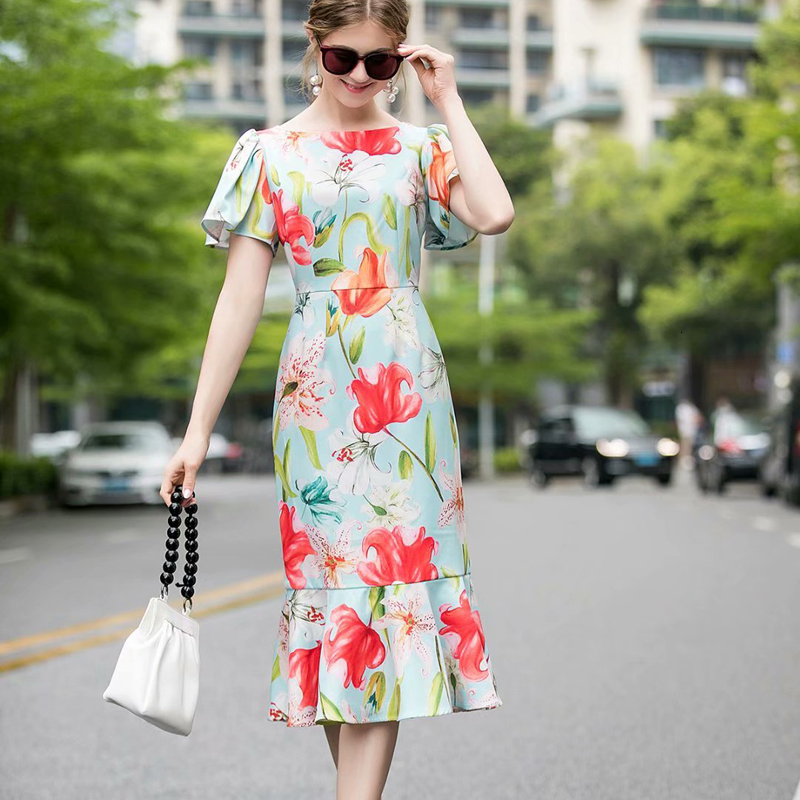 

Runway Impression of Vintage Short-sleeve Flowers Elegant Fine-tempered Fishtail Party Women's New High Quality Hz9g, Multiple