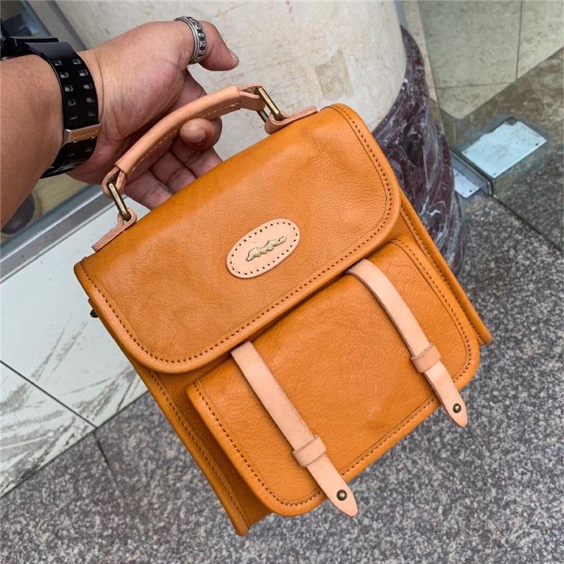 

England Preppy Style Genuine Tanned Leather Women's Satchels Bag Lady Mini Backpack Authentic Real Cow Skin Women Small Handbag, Black