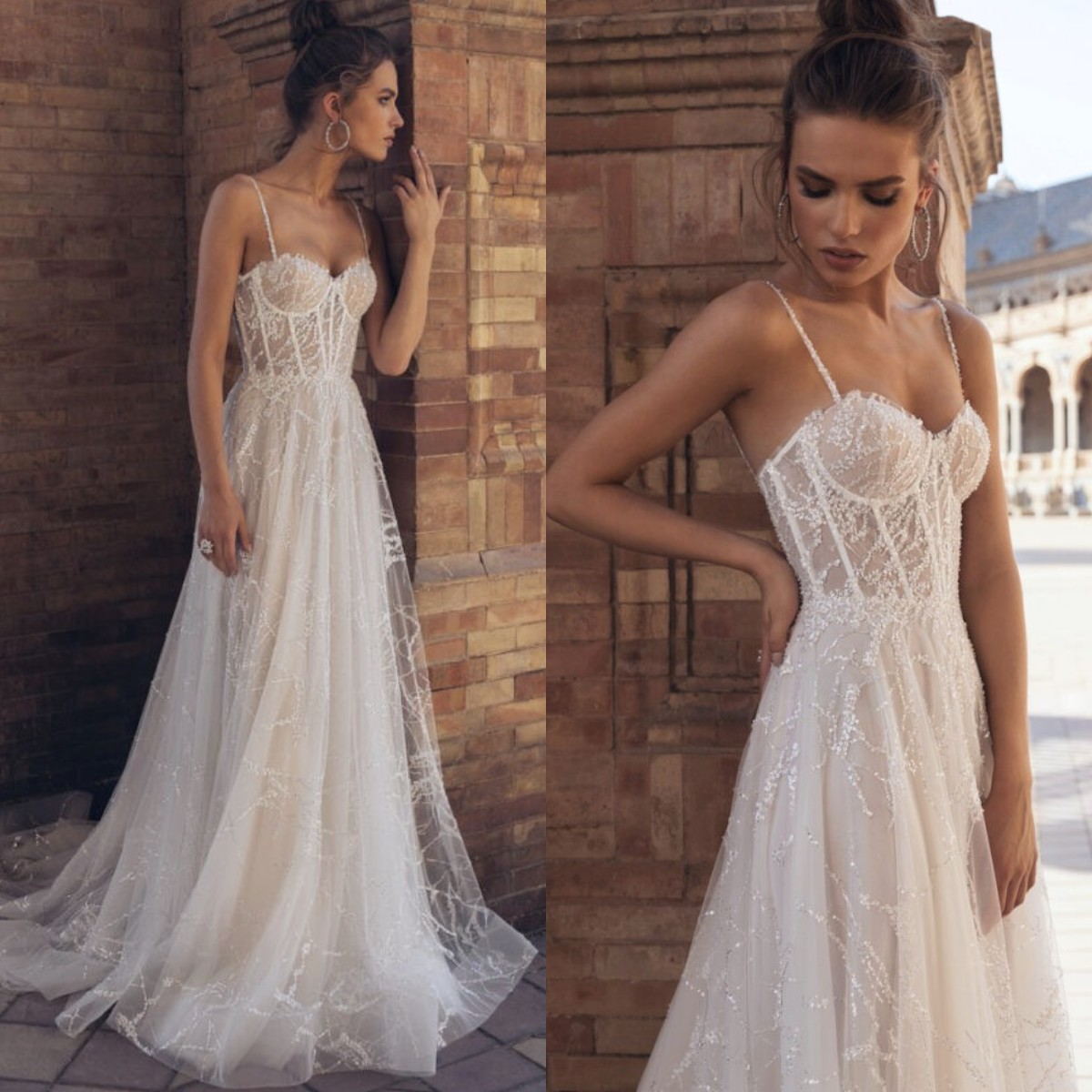 

2021 Lace Sequins Wedding Dresses Sexy Spaghetti Straps A-Line Bridal Gowns Custom Made Backless Sweep Train Plus Size Wedding Dress, Gold