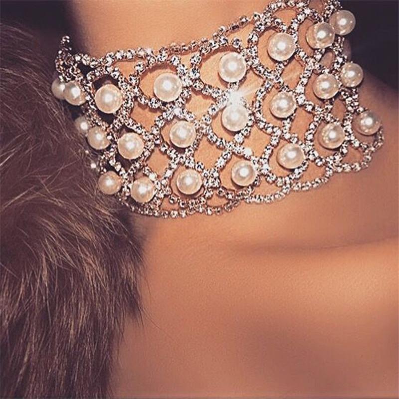 

Multi-strand Faux Pearl Choker Rhinestone Wire Mesh Necklace for Women Statement Crystal Knitted Wrapped Collar Choker Necklace