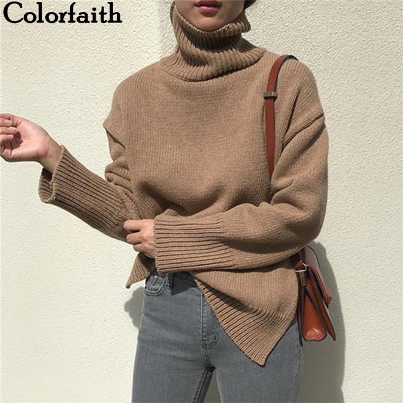 Colorfaith Women's Sweaters Autumn Winter Pullover Knitted Turtleneck Split Minimalist KoreanStyle Oversize Tops SW7400 201221