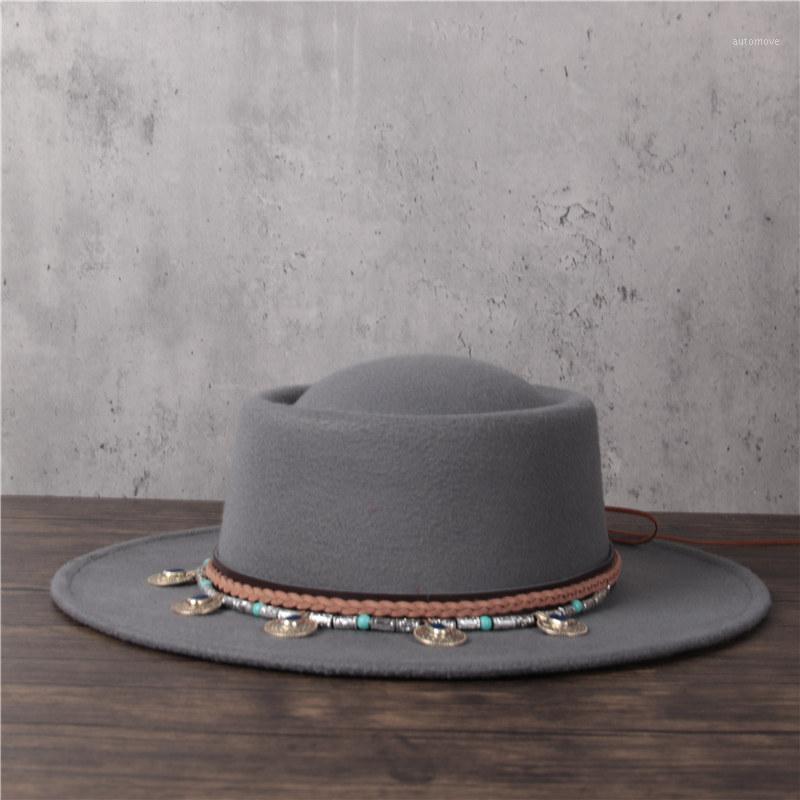 

Women Men Wool Fedora Hat Lady Tassel Pork Pie Hat Gentleman Flat Porkpie Top Jazz Size 56-58CM1, Black
