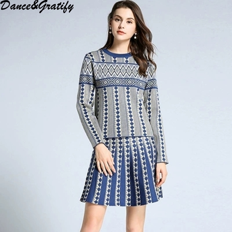 

New High Quality Print 2 Two Piece Set Women Elegant Knitting Sweater + A-line Skirt Casual Office Work Suit 201130, Gray