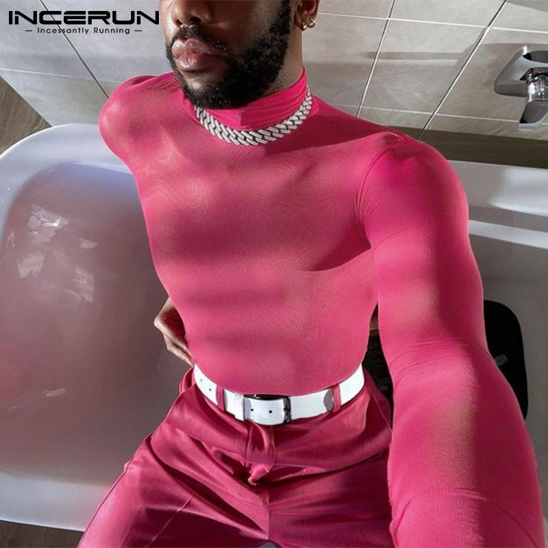 

Men's T-Shirts Men T Shirt Solid 2022 Mesh See Through Turtleneck Long Sleeve Fitness Underwear Tops Streetwear Sexy Party Camisetas INCERUN, White;black