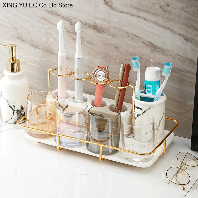 

Bathroom Decoration Accessories Golden Marble Storage Tray Household Toothbrush Holder Glass Mouthwash Cup Toothpaste Dispenser