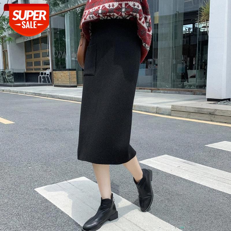 

Autumn and winter mid-length knitted skirt one-step skirt package hip female high waist long back slit thick woolen #R70V, White;black