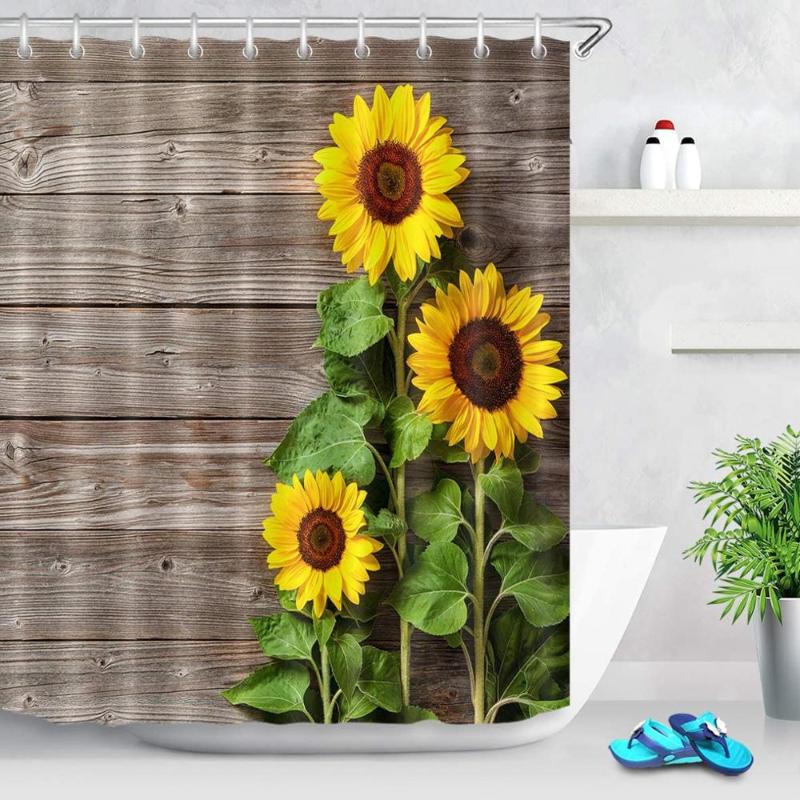 

Country Style Shower Curtain Bright Yellow Flowers with Green Leaves on Rustic Wood Board Sunflower Bathroom Decor Set with hook