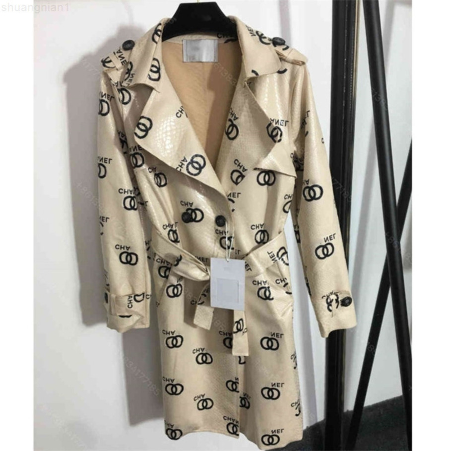 

Latest design women leather trench coat coat dress cc logo printing long jackers PU chen brand belt waist slimming womens designer clothes wholesale c1