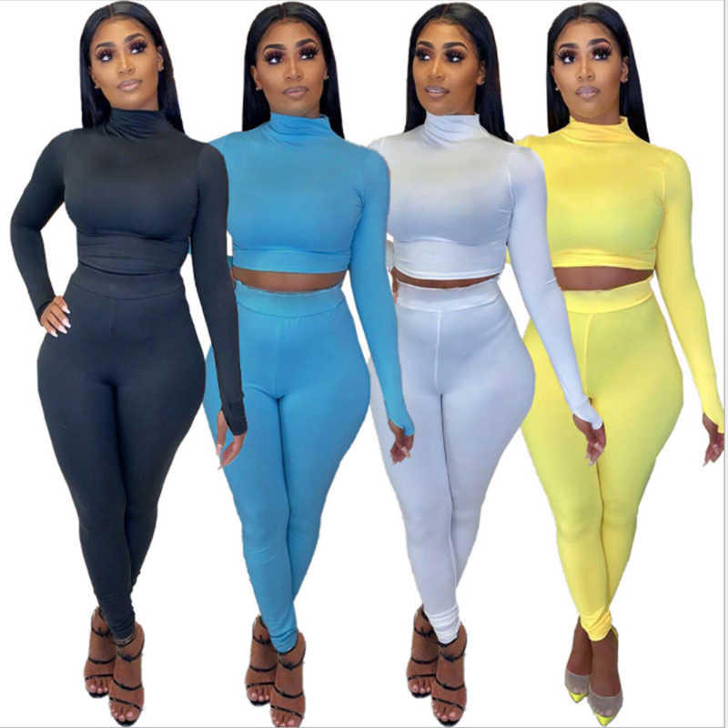 

Women Solid Color Sexy Tight 2 Piece Outfits Long Sleeve High Collar Top Navel High Waist Skinny Long Pants Training Suit, Yellow