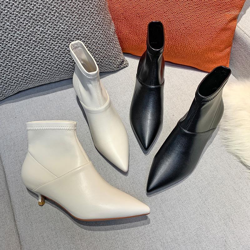 

New Sexy High Heel Leather Women Boots Shoes Solid Black White Pointed Toe Sexy Elegant 2020 Autumn Winter Women Ankle Boots1, 1592-26-black