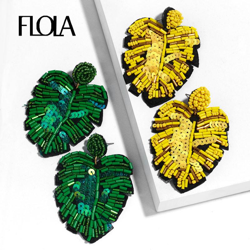 

FLOLA Trendy Green Glitter Palm Tree Earrings Big Dangling Sequin Leaf Pandent Earring Boho Jewellery Fall Earrings ersq85