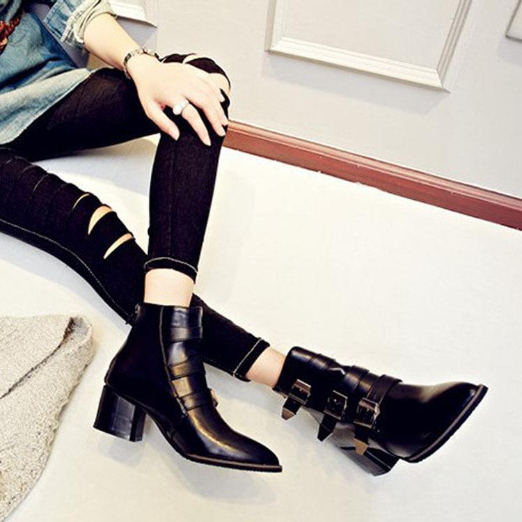 

Autumn Boots Women Pointed Toe Chunky Heel Semi-High Heeled Belt Buckle Bootie Zip Padded Ankle, Black