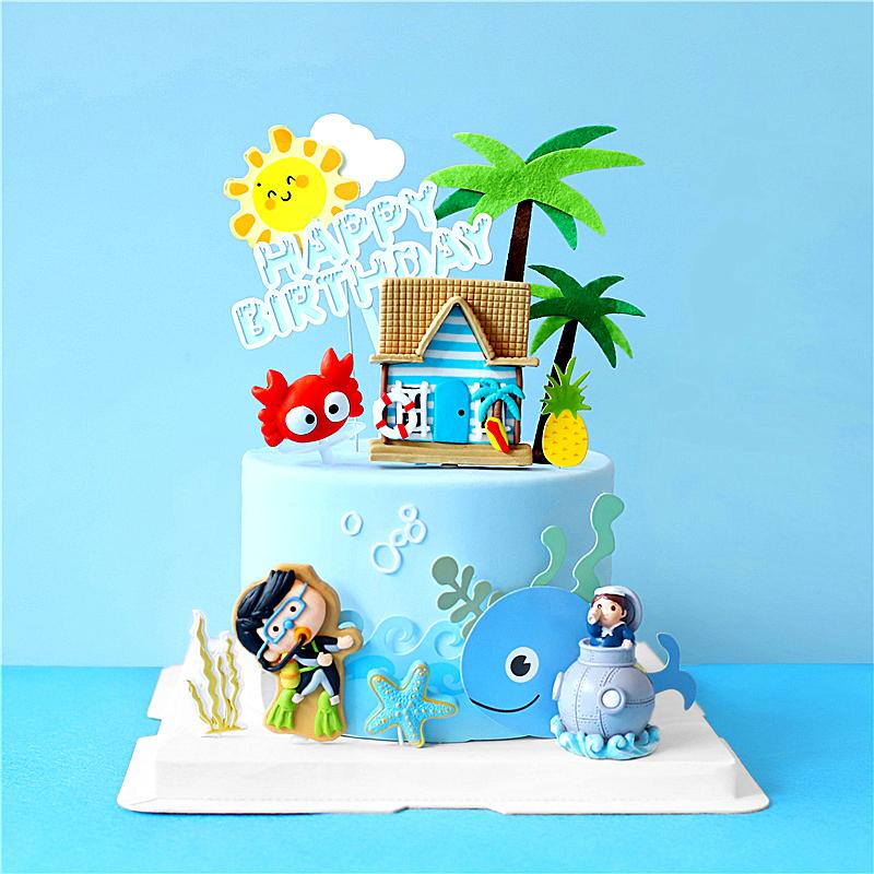 

Summer Time Sea Fish U-boat Diving Beach Swimming Boy Happy Birthday Cake Topper Kid Party Supplies Cake Decorating
