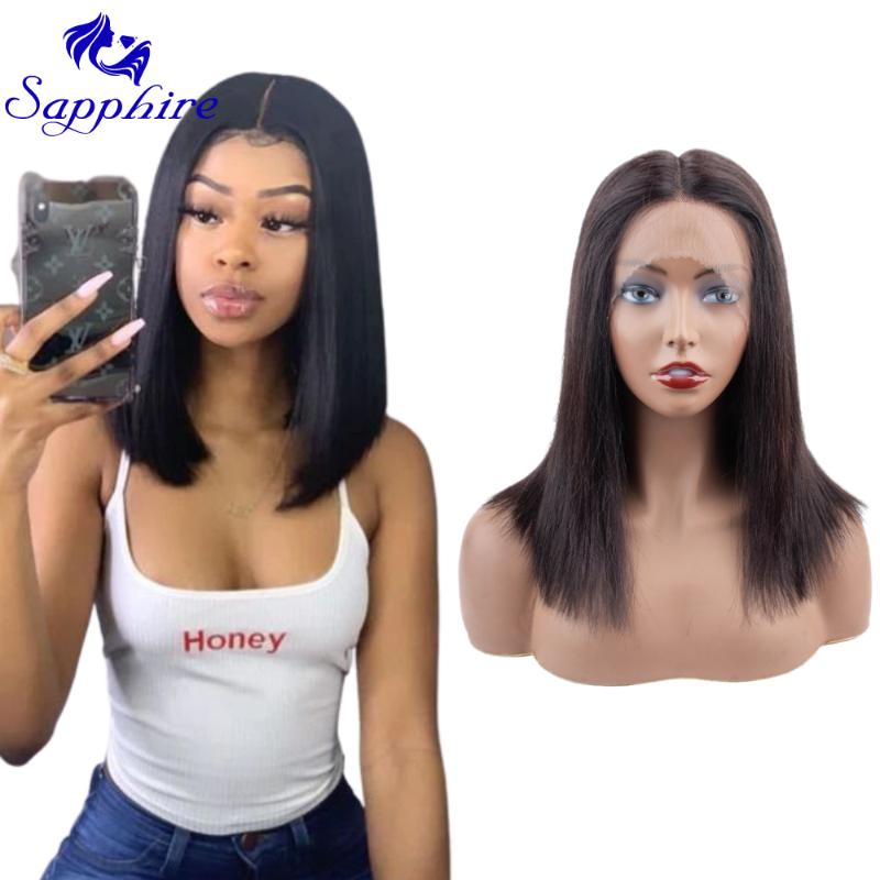 

Sapphire Brazilian Wig Straight Short Bob Lace Front Wigs T Part Lace Front Human Hair Wigs Pre-plucked Middle Part Side, As pic