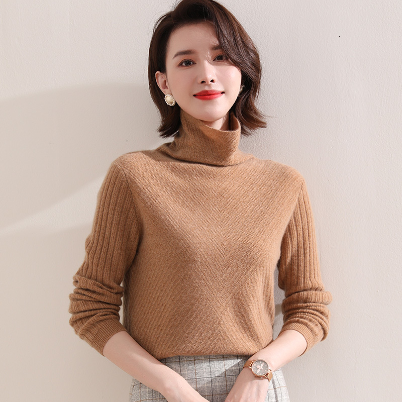 

2021 Hot Sale Turtleneck Sweaters Women 100% Goat Cashmere Knitted Jumpers Winter Autumn New Fashion 6colors Long Sleeve Pullovers 26yh, Black