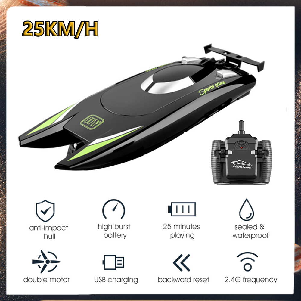 

2.4G RC Boats 25KM/H High Speed Racing Boat 2 Channels Dual Motor Remote Control Boats for Kids Adult Racing Boat Silver Black