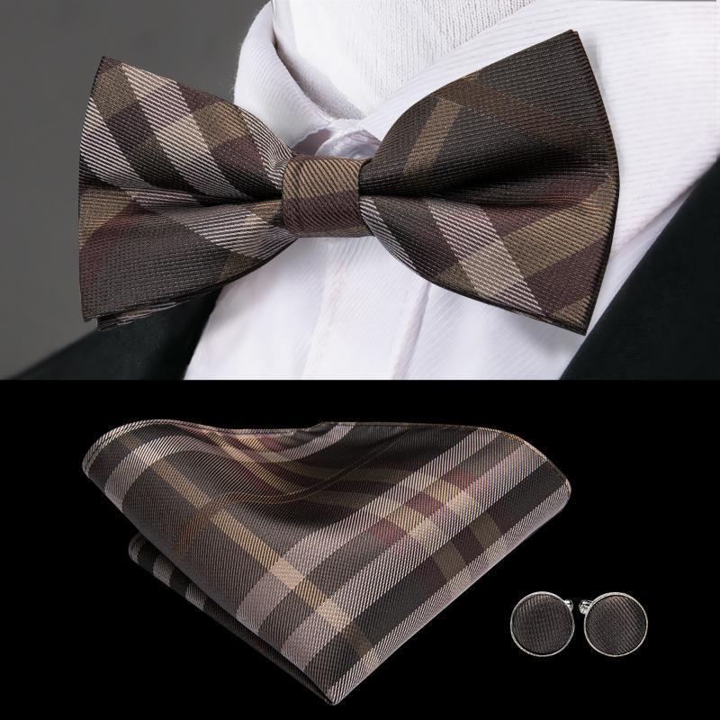 

Bow Ties Hi-Tie 100% Silk Adult Men's Tie Set For Men Male Butterfly Pocket Square Cufflinks Suit Brown Plaid Bowties1