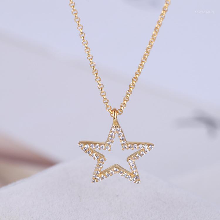 

Chains European And American Star Shining Hollow Pentagram Diamond-Embedded Simple All-Match Pendant Necklace, Silver