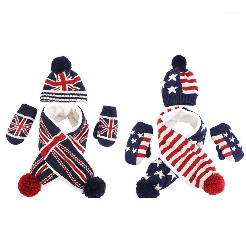 

Toddler Kids 3 Pieces Winter Warm Beanie Hat Long Scarf Gloves Set USA American UK British Flag Knitted Pompom Skull Cap1