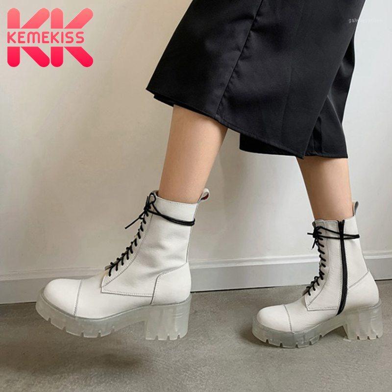 

KemeKiss Women Short Boots Genuine Leather Fashion Platform Thick Heel Shoes Women Zipper Cross Strap Spring Footwear Size 34-391, Black