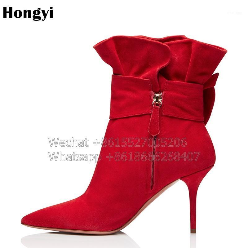 

New Arrival Red Black Suede Leather Big Buckle Women Boots High Heels Fashion Side Zipper High-heeled Spring Autumn Shoes1, As showed color