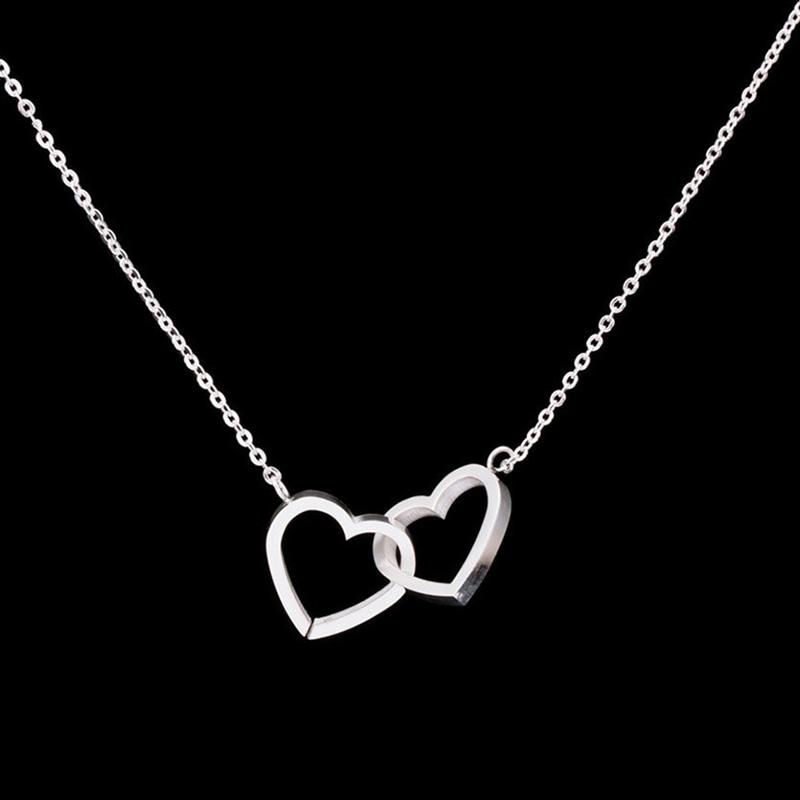 

Fashion Double Heart Necklaces Pendants For Women Love Jewellery Bridesmaid Gifts Stainless Steel Link Chain Femme Choker