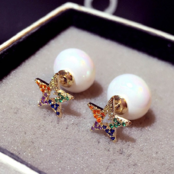 

New ins lovely cute colorful diamond star fashion luxury designer double sides pearl stud earrings for women girls students, Golden;silver