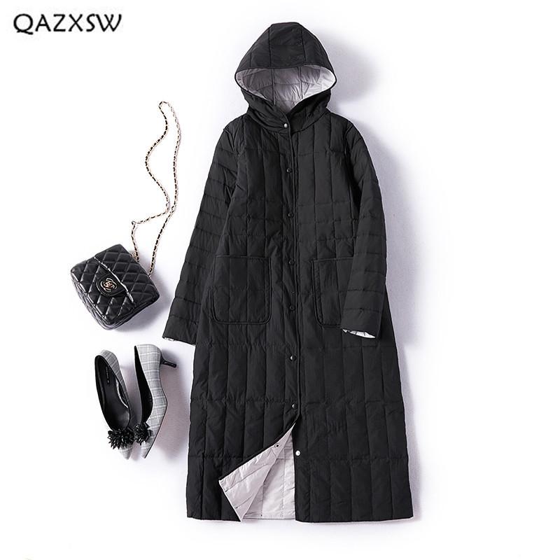 

LD151 Lightweight Women Down Jacket Long Coat 2018 Autumn Winter New Fashion Hooded Long Knee White Duck Down Outerwear LD151, Black