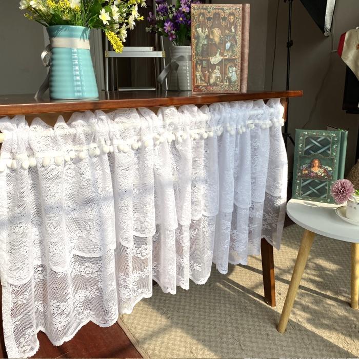 

white lace curtain with pompom short kitchen curtain, As picture