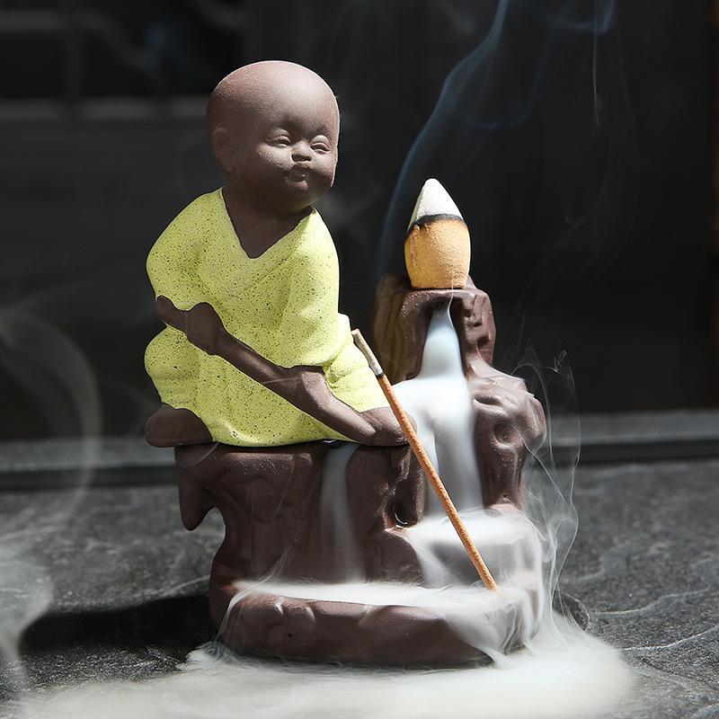 

Traditional Ceramic A Little Monk Buddha Backflow Incense Burner Smoke Waterfall Incense Cone Sticks Holder Home Decor