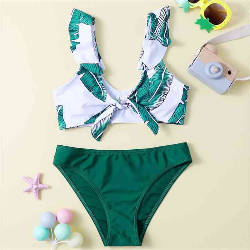 7 ~ 14 ans maillots de bain pour enfants feuille imprimé à volants ensemble de Bikini adolescentes deux pièces maillot de bain piscine maillot de