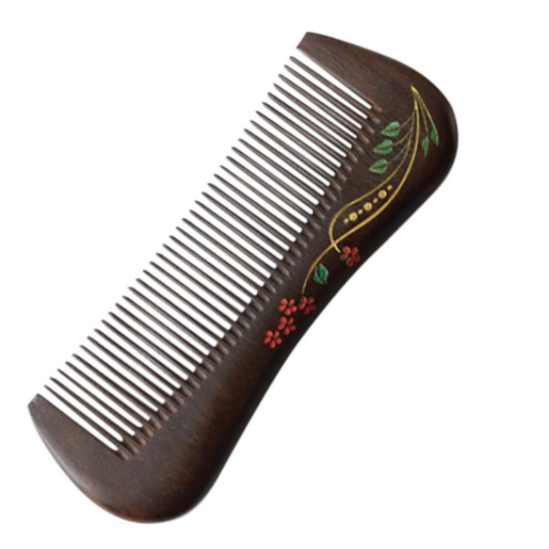 

Natural Handmade Wooden Comb, Fine Tooth Sandalwood Comb Hair Comb with Flower Gold Drawing, No Static No Snag Wood