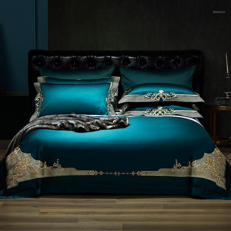 

38Luxury 1000TC Egyptian Cotton Royal Bedding set Europe Chic Embroidery Duvet cover Bed sheet set Queen King size1, Color 2