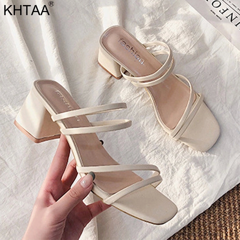 

2021 Summer New Women's Sandals Square Toe Fashion Ladies Med Heels Shoes Casual Slip On Slippers Woman Beach Sandals Female #Zw1F, Beige