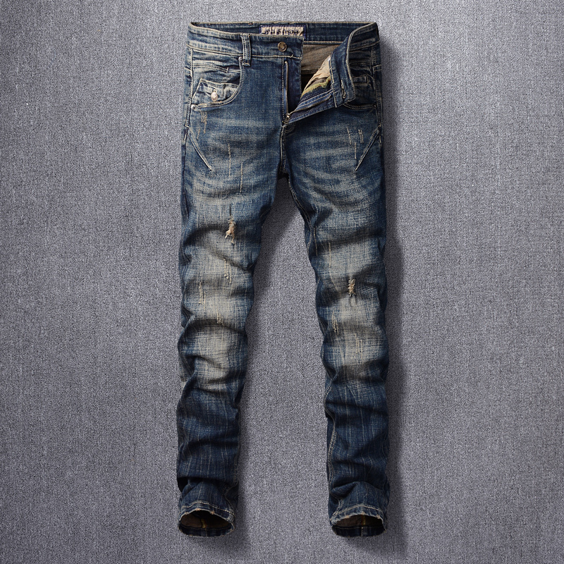 

2021 New Italian Style Fashion Men Jeans Retro Black Blue Slim Fit Ripped Denim Cotton Pants Streetwear Spliced Designer Hip Hop Trousers 0u